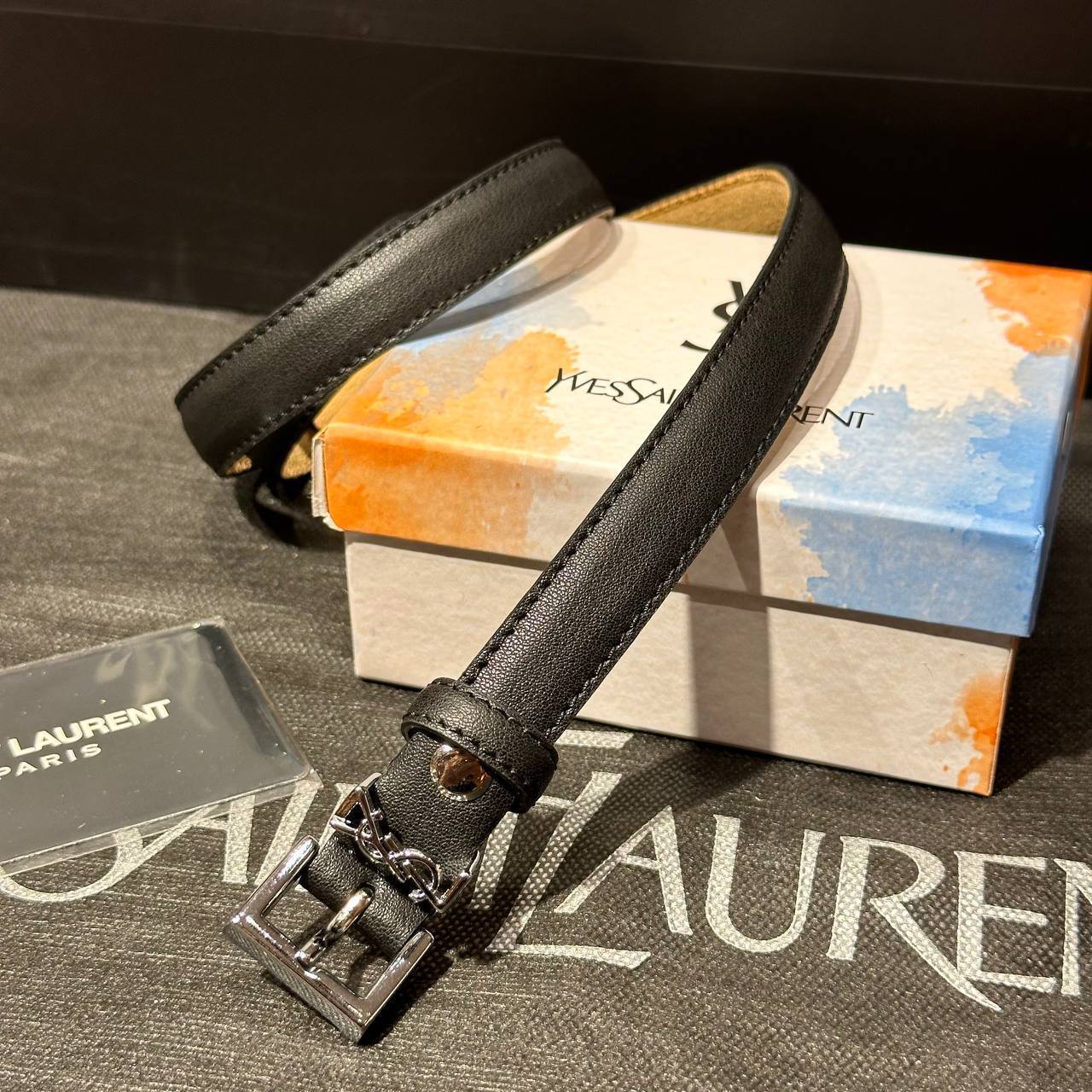 Ζώνη YSL μαύρο-ασημί λεπτή