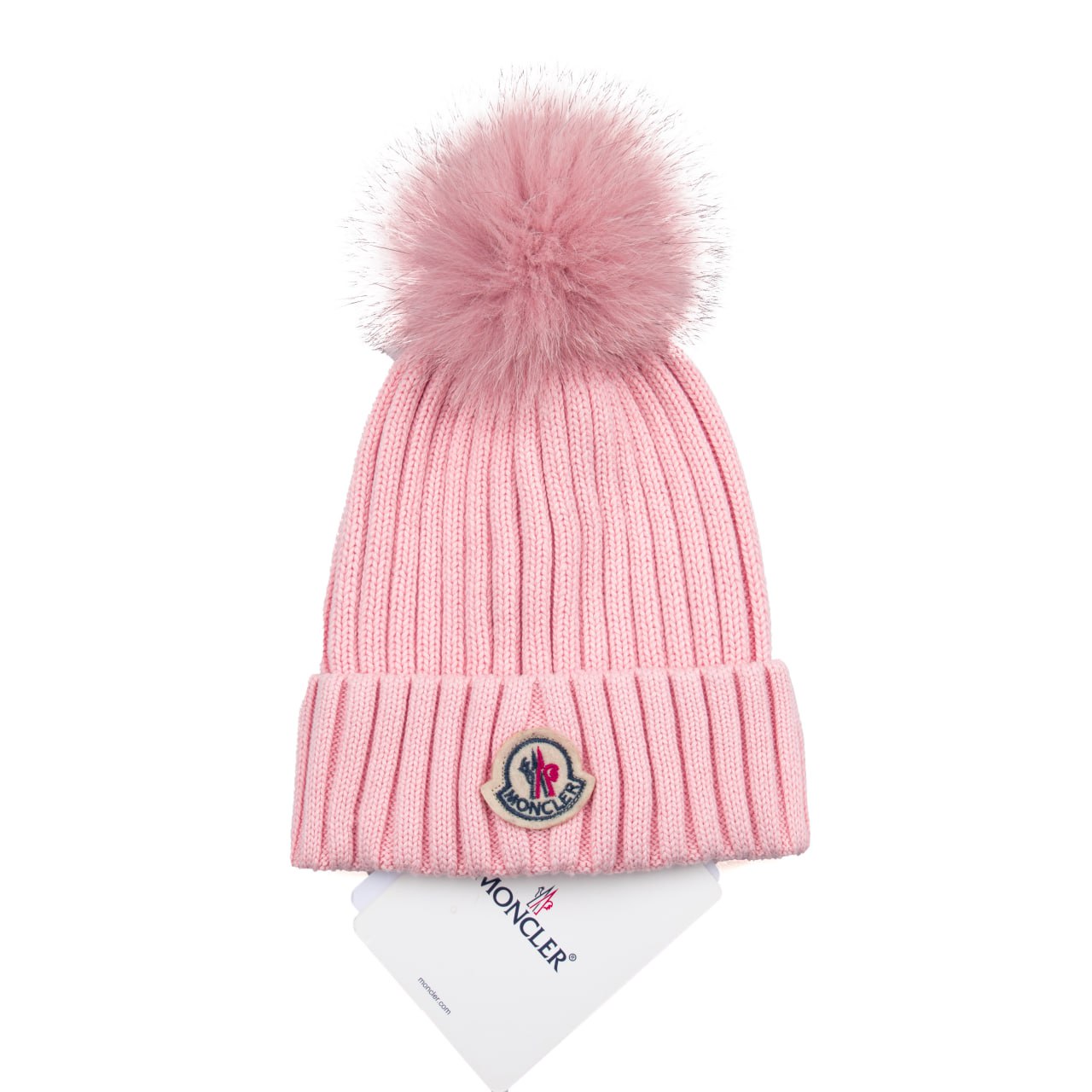 Moncler σκουφάκι με φυσική γούνα ροζ