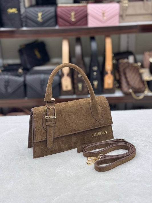 Jacquemus καφέ σουέτ Le Chiquito Long Boucle Bag 💫🖤 24x14 cm